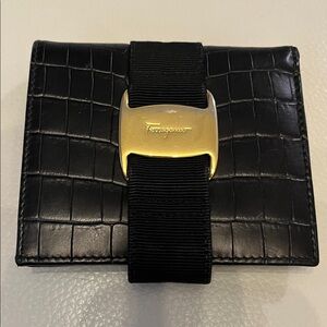 Salvatore Ferragamo Black Croc-Embossed Leather Wallet with Gold Logo Buckle